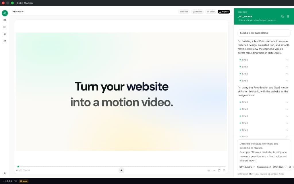 Poko Motion Studio with a generated product-video scene ready to review
